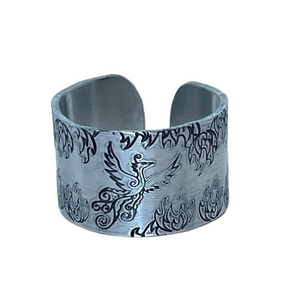 Handmade 7/8 stamped Phoenix & flame adjustable silver aluminum wide cuff‎ ring